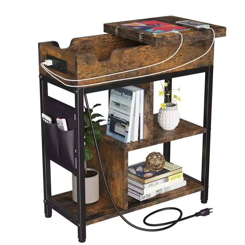 Charging End Table with USB Outlets, Flip Top Storage, Narrow Nightstand for Bedroom Small Spaces