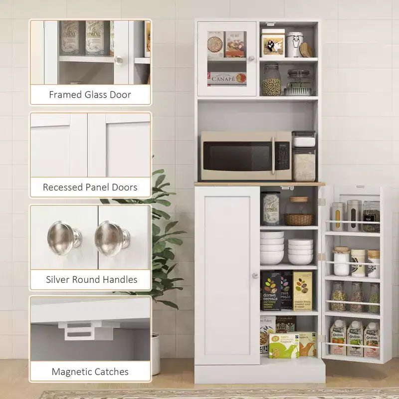 66.5" Tall Kitchen Pantry Storage Cabinet with Adjustable Shelves and Glass Doors