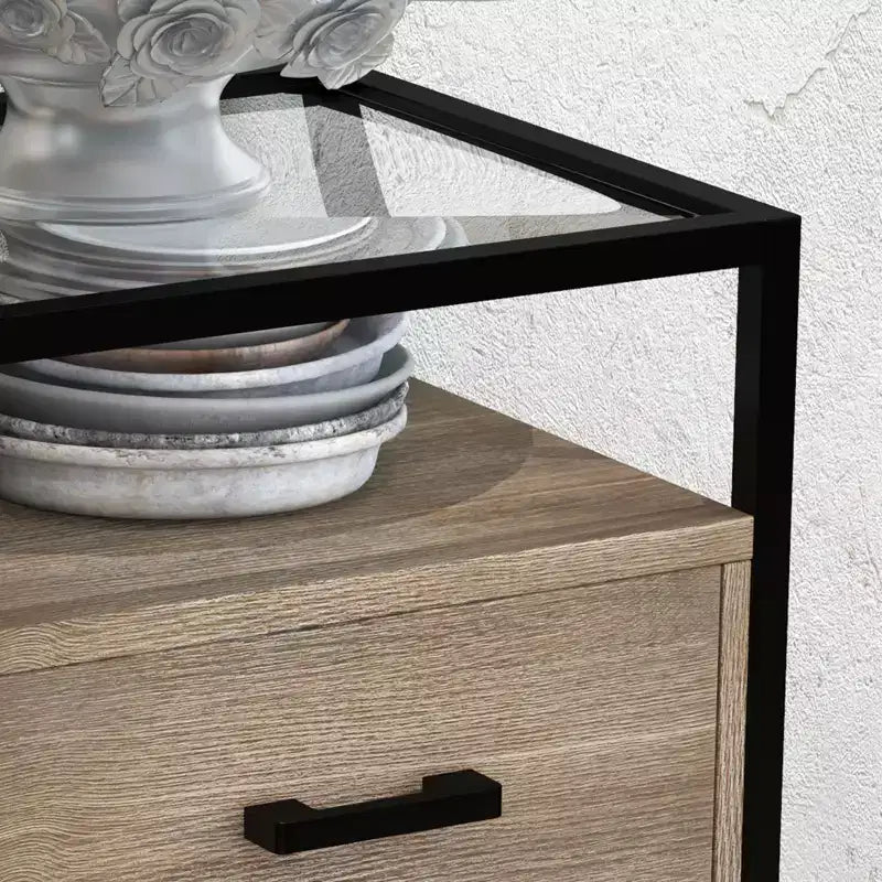 Nightstand End Table with Tempered Glass Top, Wood Drawer and Adjustable Legs, Bedside Table for Bedroom and Living Room