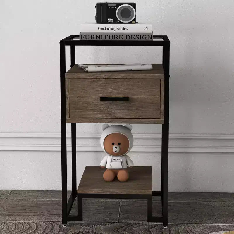 Nightstand End Table with Tempered Glass Top, Wood Drawer and Adjustable Legs, Bedside Table for Bedroom and Living Room