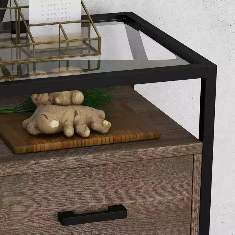 Nightstand End Table with Tempered Glass Top, Wood Drawer and Adjustable Legs, Bedside Table for Bedroom and Living Room