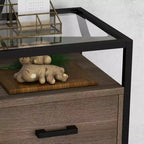 Table de chevet avec plateau en verre trempé, tiroir en bois et pieds réglables, table d'appoint pour chambre et salon