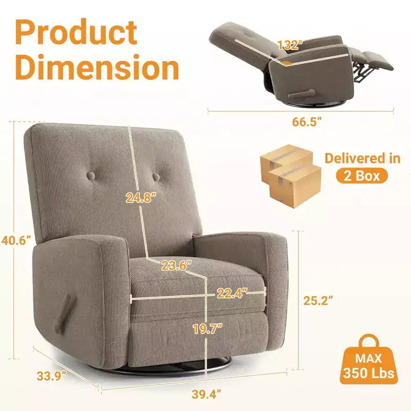 Recliner Chair, 360 Swivel Rocking Glider Chair for Adults with Adjustable Backrest & Footrest, Corduroy Upholstered Armchair