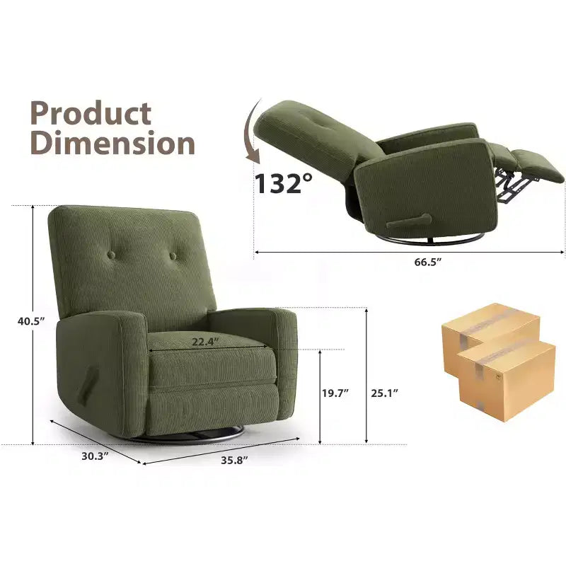 Recliner Chair, 360 Swivel Rocking Glider Chair for Adults with Adjustable Backrest & Footrest, Corduroy Upholstered Armchair