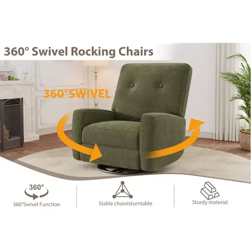 Recliner Chair, 360 Swivel Rocking Glider Chair for Adults with Adjustable Backrest & Footrest, Corduroy Upholstered Armchair