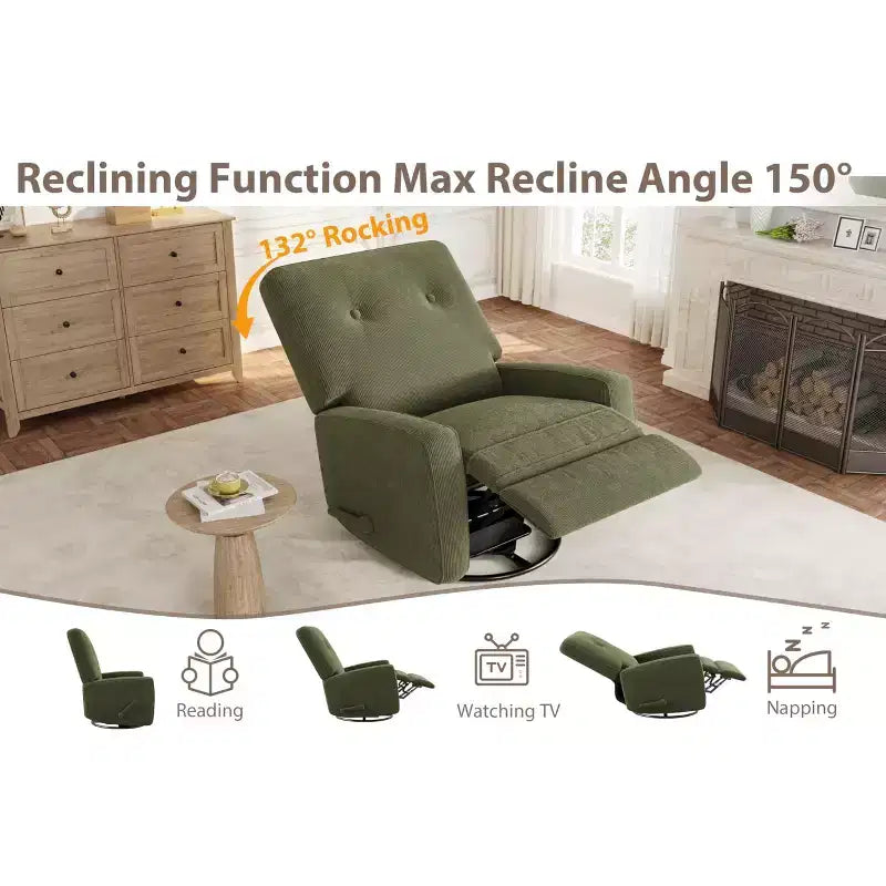 Recliner Chair, 360 Swivel Rocking Glider Chair for Adults with Adjustable Backrest & Footrest, Corduroy Upholstered Armchair