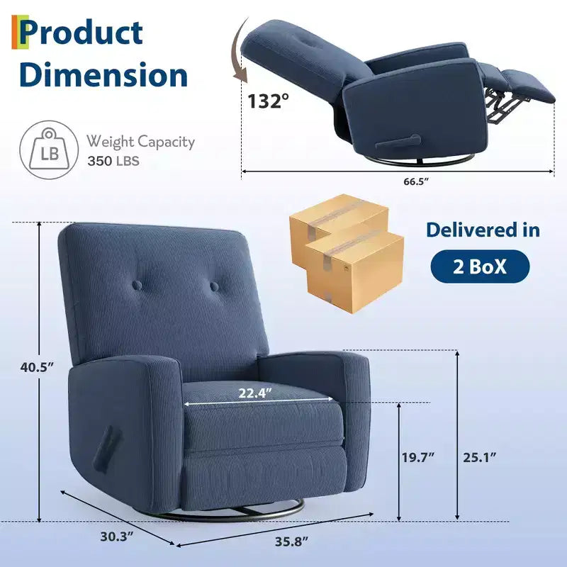 Recliner Chair, 360 Swivel Rocking Glider Chair for Adults with Adjustable Backrest & Footrest, Corduroy Upholstered Armchair