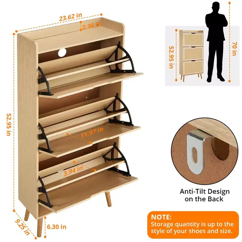 Slim 3-Tier Shoe Cabinet with Doors - Narrow Entryway Shoe Rack Organizer