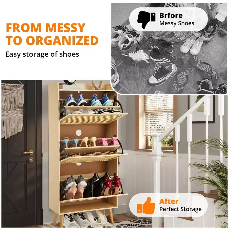 Slim 3-Tier Shoe Cabinet with Doors - Narrow Entryway Shoe Rack Organizer