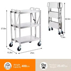 Chariot de service pliable à 3 niveaux en acier inoxydable avec roulettes