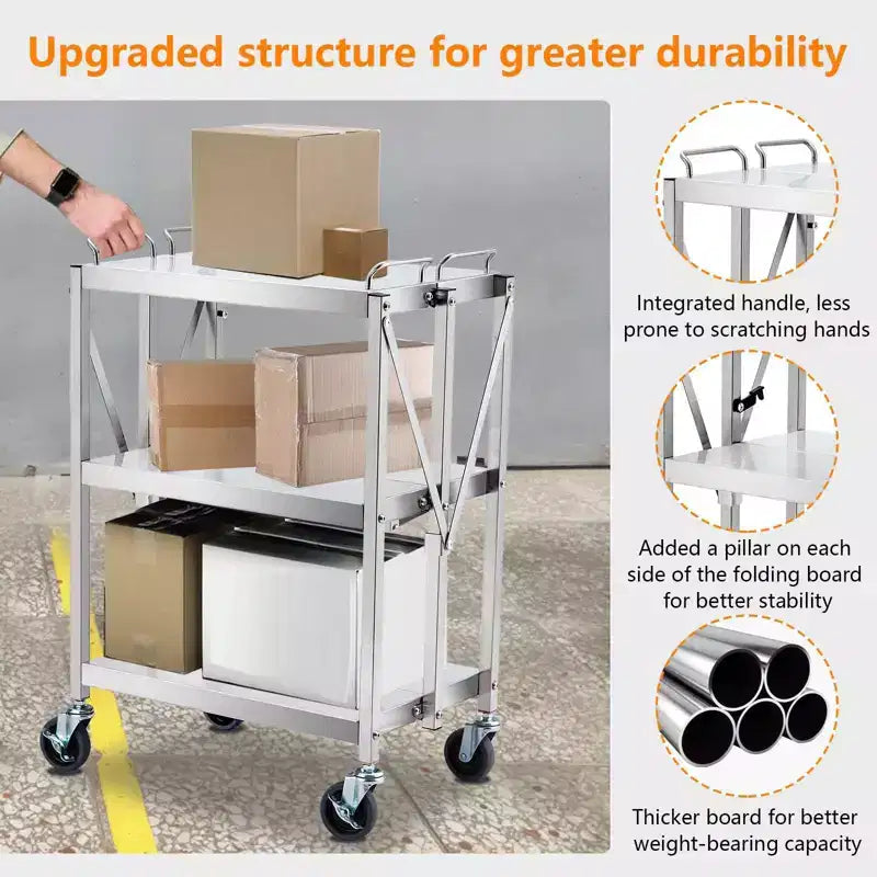 3-Tier Foldable Stainless Steel Utility Cart with Wheels