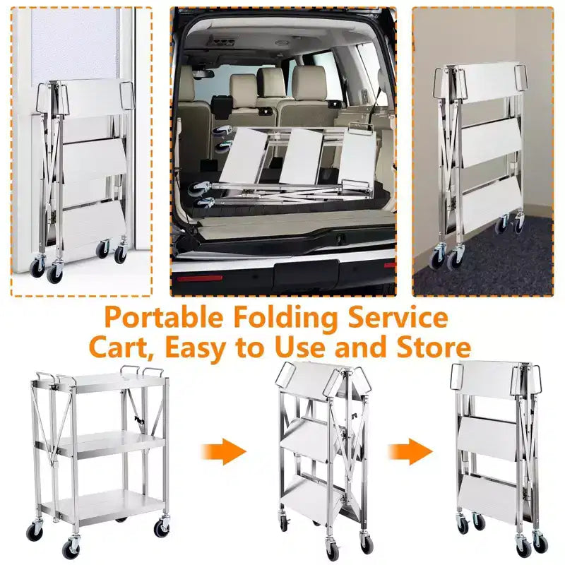 3-Tier Foldable Stainless Steel Utility Cart with Wheels