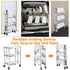 Chariot de service pliable à 3 niveaux en acier inoxydable avec roulettes