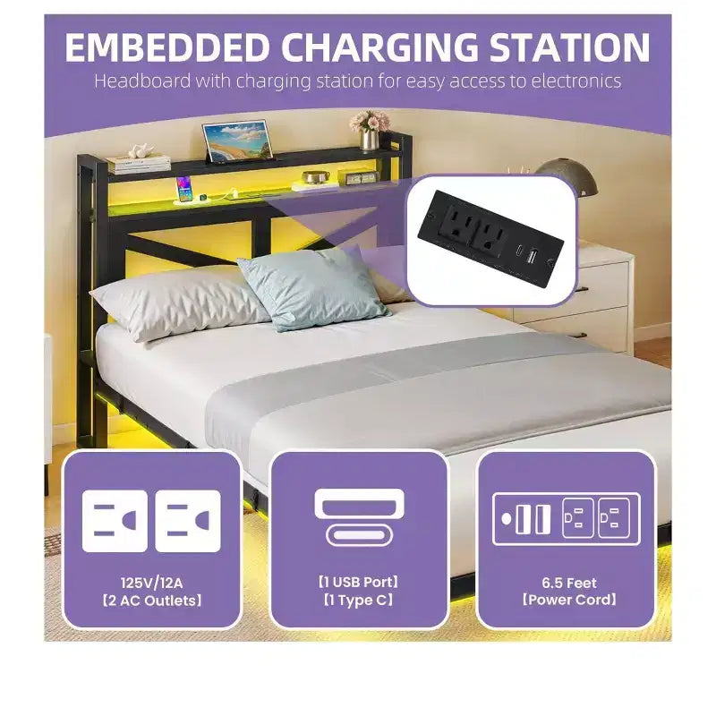 Twin Size LED Metal Floating Bed Frame with Charging Station - Heavy Duty Platform Bed