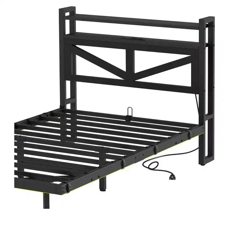 Twin Size LED Metal Floating Bed Frame with Charging Station - Heavy Duty Platform Bed