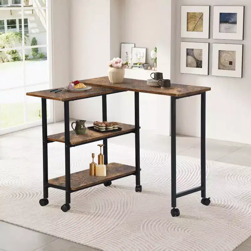 Rotating Side Table with 3-Tier Storage Shelves and Lockable Wheels