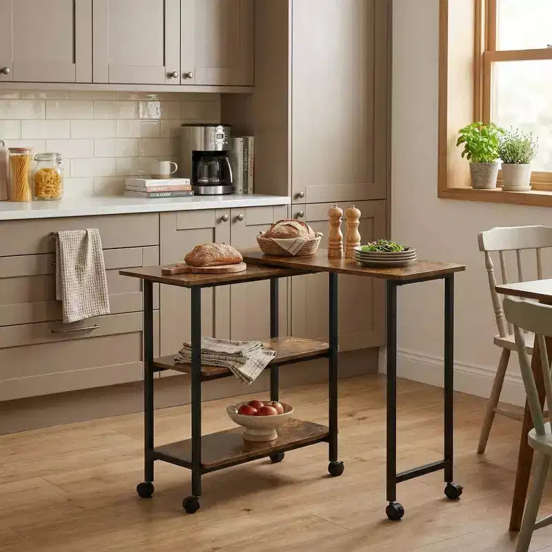 Rotating Side Table with 3-Tier Storage Shelves and Lockable Wheels