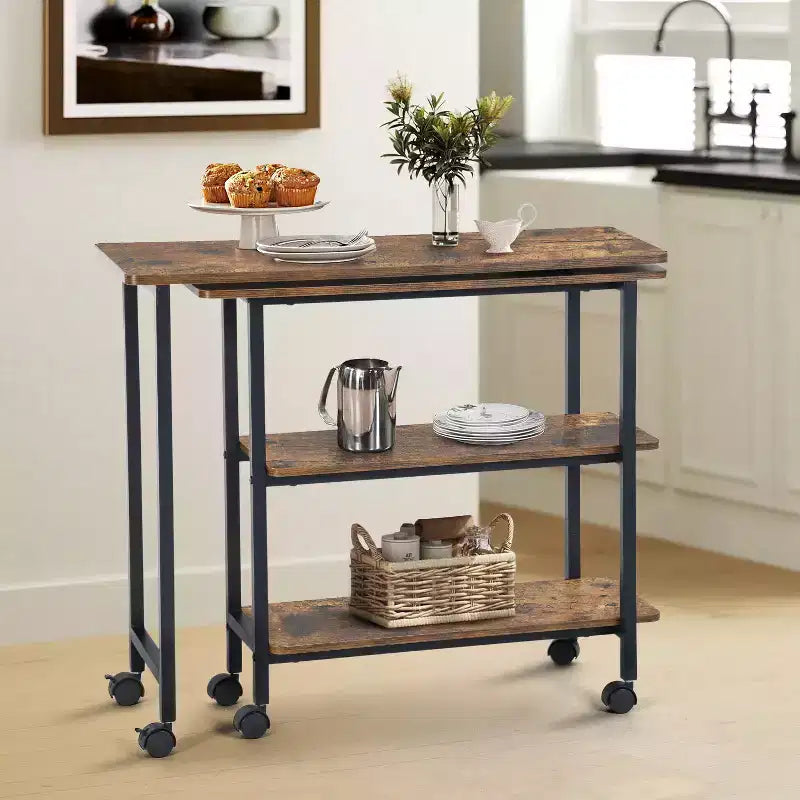 Rotating Side Table with 3-Tier Storage Shelves and Lockable Wheels