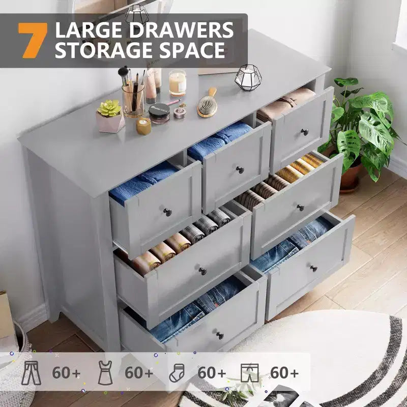7 Drawer Bedroom Dresser, Modern Chest of Drawers, Wood Storage Double Dresser with Deep Drawers for Living Room, Gray