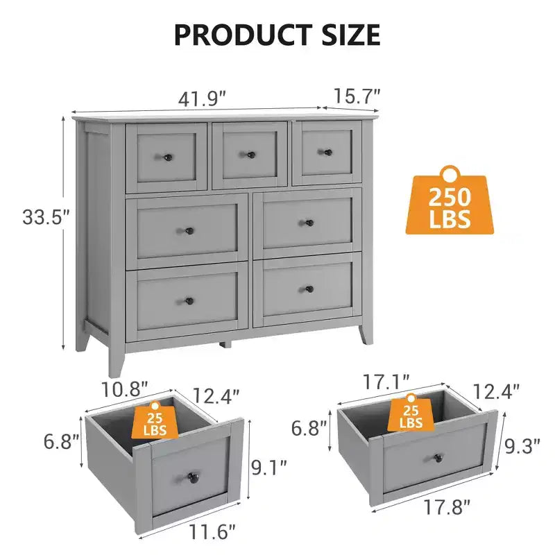 7 Drawer Bedroom Dresser, Modern Chest of Drawers, Wood Storage Double Dresser with Deep Drawers for Living Room, Gray