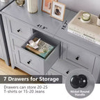 Commode de chambre à 7 tiroirs, commode moderne, commode double en bois avec tiroirs profonds pour salon, grise