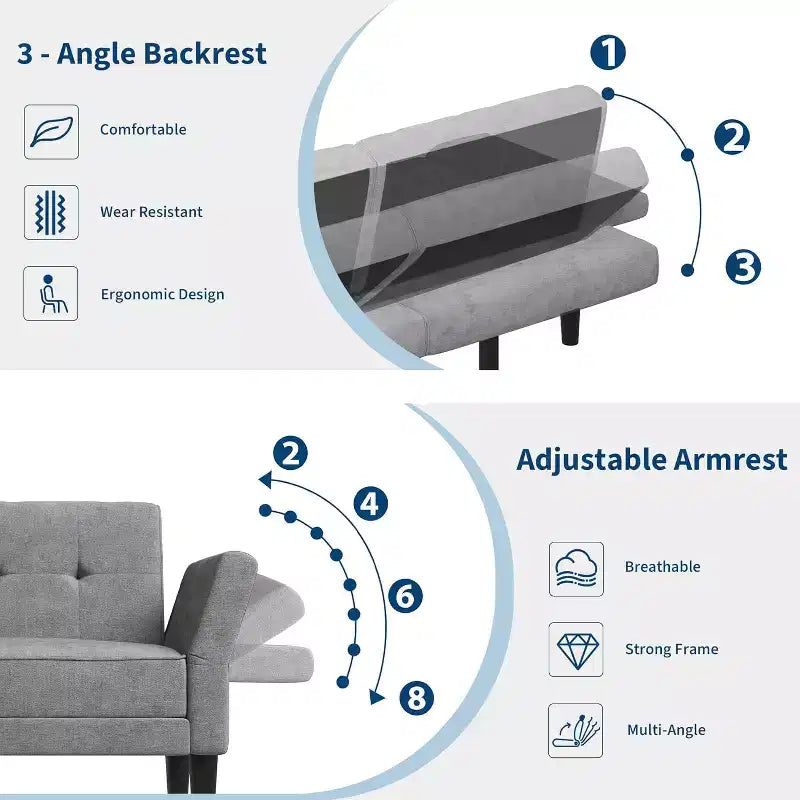 89-Inch Convertible Sleeper Sofa with Adjustable Backrest and Armrest