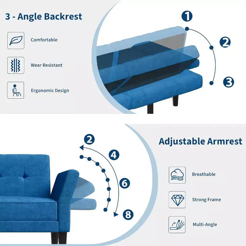 89-Inch Convertible Sleeper Sofa with Adjustable Backrest and Armrest