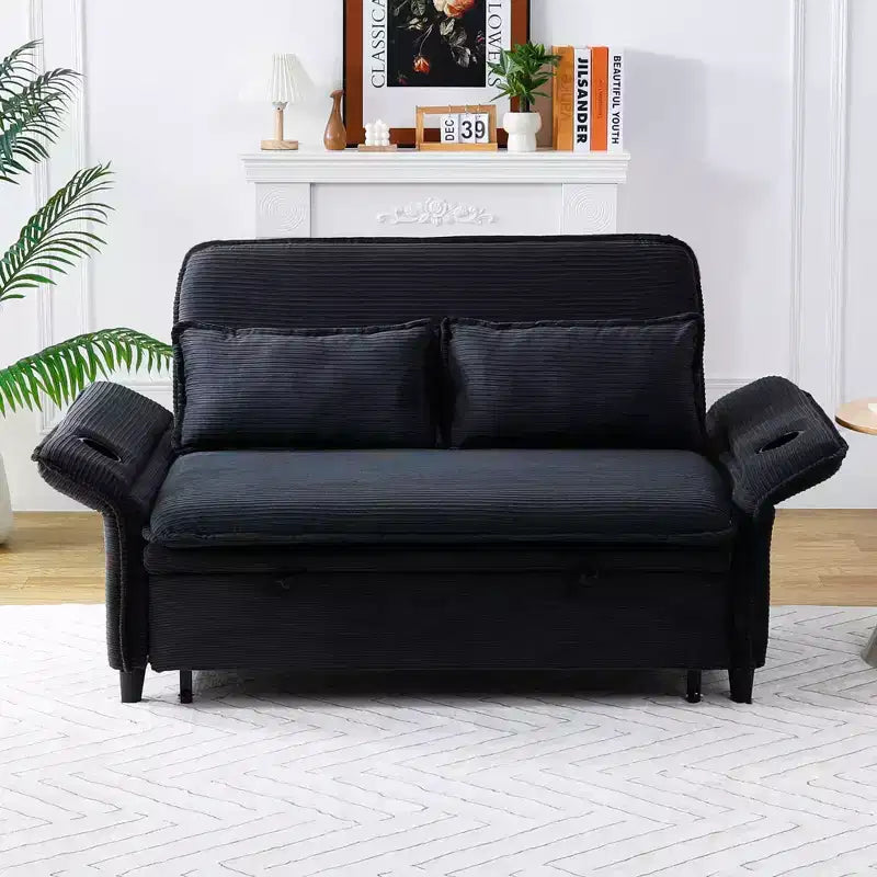 Black Letter Striped Fabric Multifunctional Loveseat Sofa Bed for Bedroom Living Room