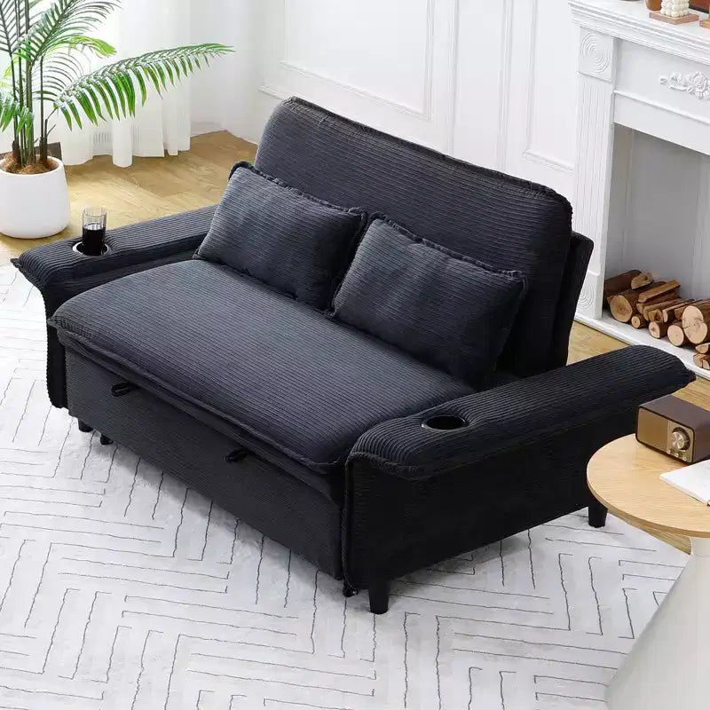Black Letter Striped Fabric Multifunctional Loveseat Sofa Bed for Bedroom Living Room