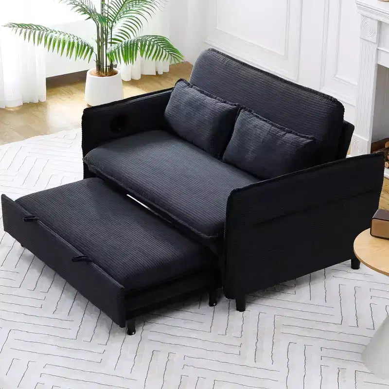 Black Letter Striped Fabric Multifunctional Loveseat Sofa Bed for Bedroom Living Room