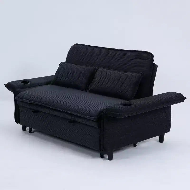 Black Letter Striped Fabric Multifunctional Loveseat Sofa Bed for Bedroom Living Room