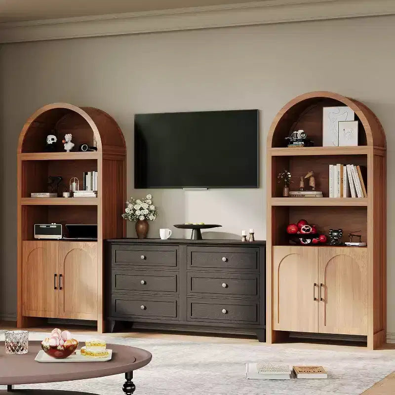 71" Tall Arched Bookcase with Adjustable Shelves and Storage Cabinet