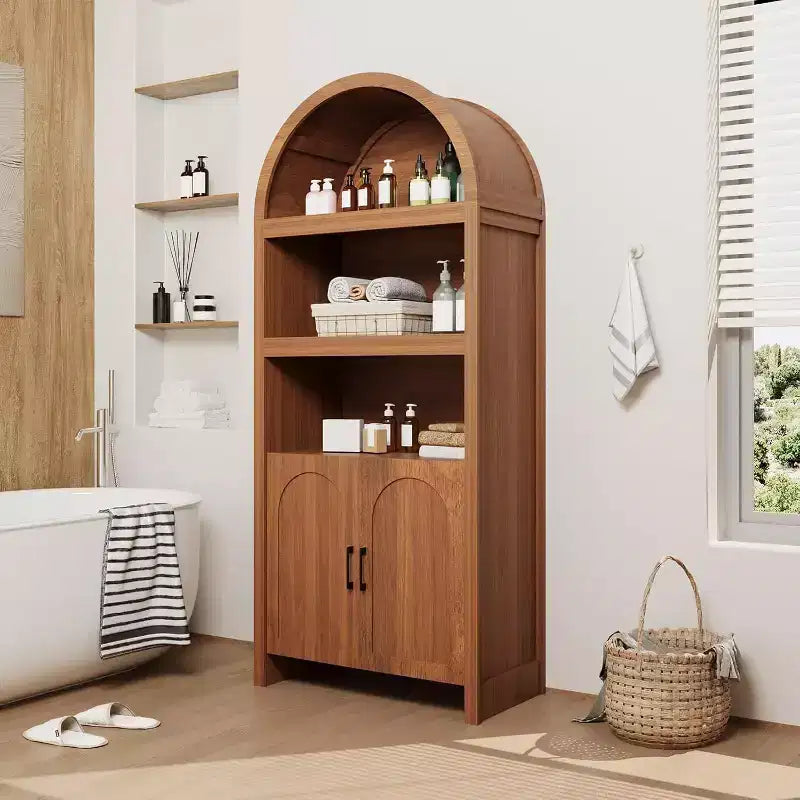 71" Tall Arched Bookcase with Adjustable Shelves and Storage Cabinet