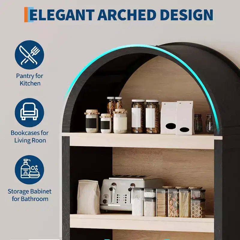 71" Tall Arched Bookcase with Adjustable Shelves and Storage Cabinet