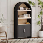 71 Tall Arched Bookcase Cabinet, Mid-Century Modern Wooden Storage Bookshelf with Adjustable Open Shelves, Pantry Display Cabinet