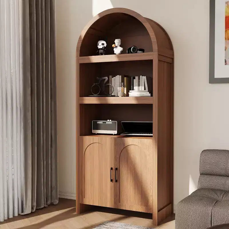 71" Tall Arched Bookcase with Adjustable Shelves and Storage Cabinet