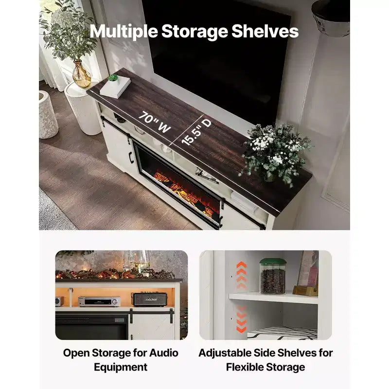 Farmhouse Fireplace TV Stand for TVs up to 80 Inch - Entertainment Center with 36 Inch Electric Fireplace & LED Lights, White