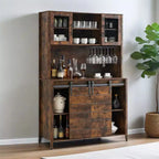 Farmhouse Bar Cabinet with Sliding Barn Door, 70 Rustic Buffet Cabinet with Storage Shelves, Wine and Glasses Rack, for Kitchen, Dining Room