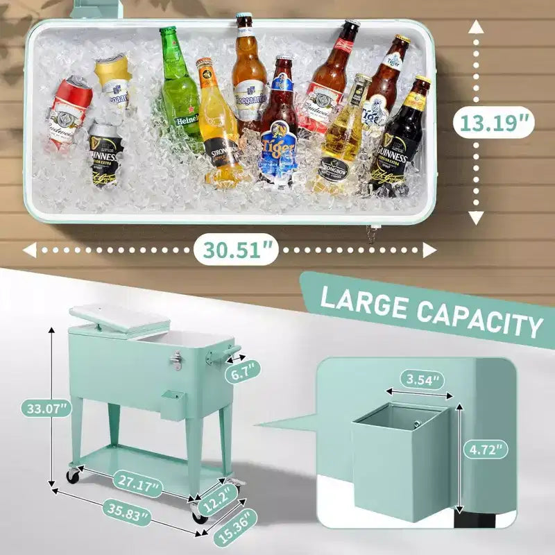 80 Quart Rolling Ice Chest Portable Bar Drink Cooler with Catch Basin and Bottom Storage Tray - Green