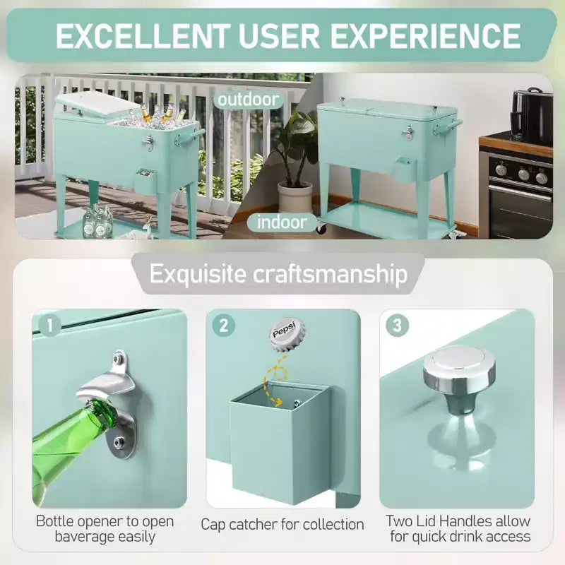 80 Quart Rolling Ice Chest Portable Bar Drink Cooler with Catch Basin and Bottom Storage Tray - Green